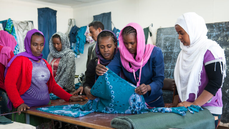 Young women on a dressmaking course in the Wogdi project region