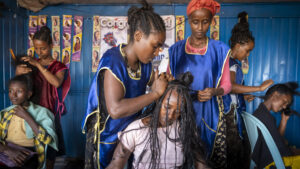Project area Nono Benja hairdressing salon number 2 -Marame Mosisa, 21 (third from left) -Alemitu Balcha, 23, () -Buze Adugna, 28 (third from left) - Alemitu Temesgen, 20 (far right) are hairdressers in Alga - Income