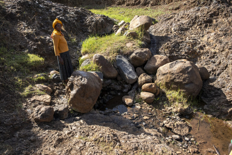The woman in the yellow top stands by the rocky water, symbolizing a connection to the future.