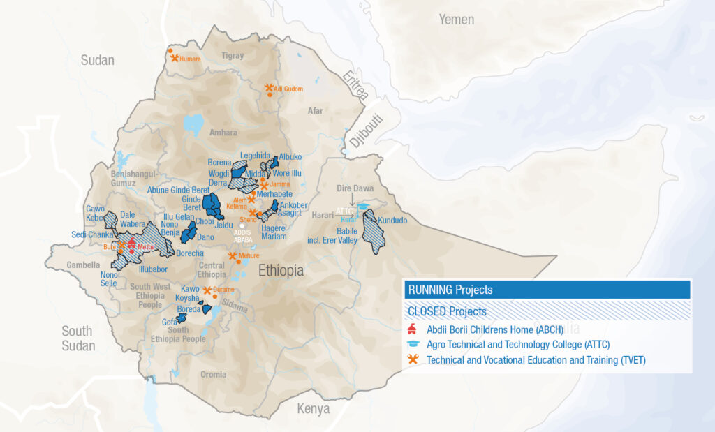 Map of Ethiopia with an overview of current and completed project areas, as well as the ATTC, TVETs, and Abdii Borii Children's Home.