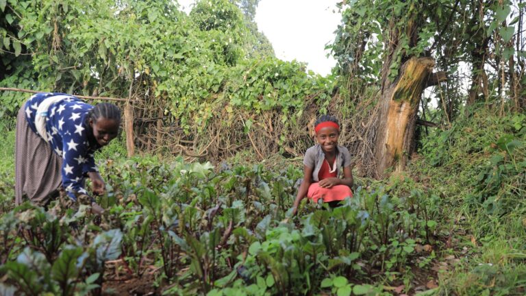 A woman and a girl smiling and working in a green field.