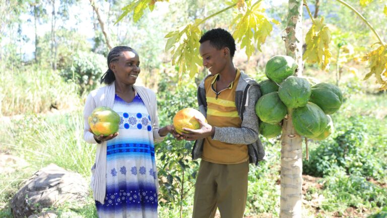 A woman is handing a papaya to a young man next to a papaya tree.
