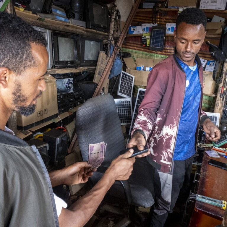Two young men working in an electronics and repair shop